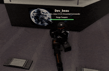 a video game character named dev beau is holding a gun in front of a sign that says purge troopers