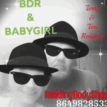 a man and a woman wearing hats and sunglasses with the words bdr & babygirl on the top