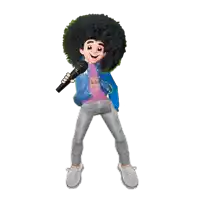 a cartoon character is holding a microphone and wearing a shirt that says " good rhythm "