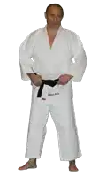 a man wearing a white karate uniform with vladimir putin embroidered on his chest