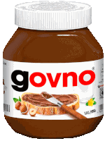 a jar of govno chocolate spread with a slice of bread