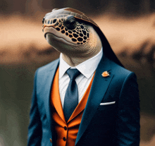 a turtle wearing a blue suit and orange vest