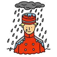 a cartoon drawing of a man in a red coat standing in the rain with a cloud over his head .