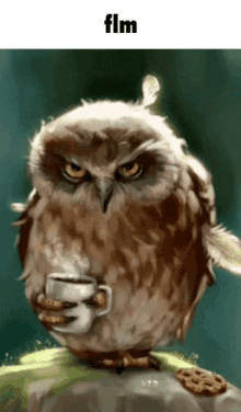 an owl is holding a cup of coffee and a cookie