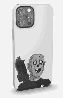 a phone case with a drawing of a skull and a gun