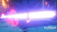 a video game called genshin impact with a purple light coming out of it