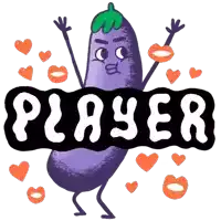 a cartoon illustration of a purple eggplant with arms and legs holding hearts and the word player above it