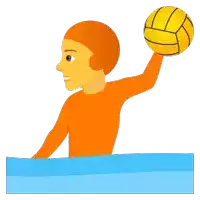 a man in an orange shirt is holding a water polo ball over his head