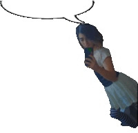 a woman is taking a selfie with a speech bubble above her head