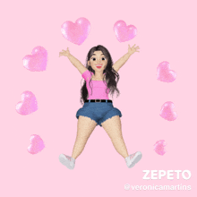 a cartoon girl is surrounded by pink hearts and says zepeto