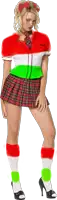 a woman in a school girl costume with green and red spots on her legs