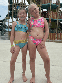 two young girls in bikinis pose for a picture with a water slide in the background