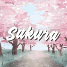 a painting of a road with cherry blossom trees and the word sakura