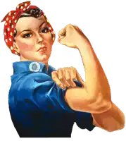 a woman in a blue shirt and red headband flexes her arm