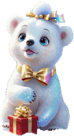 a polar bear wearing a bow tie is holding a gift box