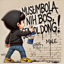 a cartoon of a boy spraying graffiti on a wall