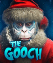 a picture of a monkey wearing a santa hat with the gooch written on it