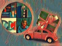 a painting of a pink car with a gift box on top of it