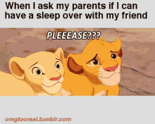 a cartoon of simba and nala from the lion king asking their parents if they can have a sleep over