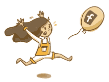 a cartoon drawing of a girl holding a balloon with a facebook logo on it