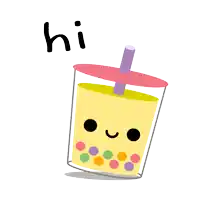 a cartoon drawing of a cup of bubble tea with a pink lid and the word hi above it