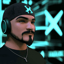 a man with a beard wearing headphones and a beanie with an x on it