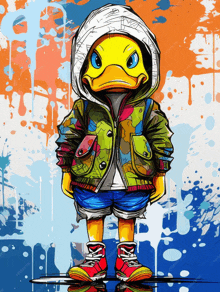 a cartoon duck wearing a hooded jacket and shorts