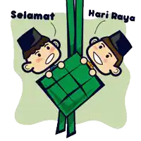 a cartoon of two men holding a green item with the words selamat hari raya on the bottom