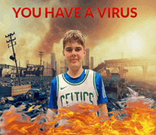 a boy in a celtics jersey stands in front of a fire