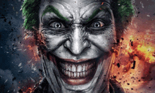 a close up of a joker 's face with green hair