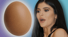 a woman sticking out her tongue next to a large brown egg