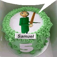 a cake with a picture of samuel holding a ruler