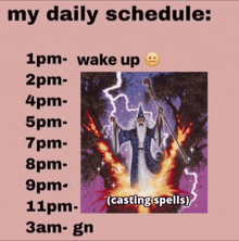 a picture of a wizard with the words my daily schedule casting spells