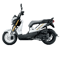 a white and black scooter with the word zoom on the side