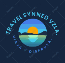 a logo for travel synned vizla shows a sunset over a lake