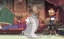 an owl lady reward poster hangs on a wall above a cartoon character