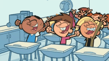 a group of cartoon characters are sitting at desks in a classroom with a globe in the background