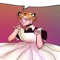 a man in a maid outfit with cat ears is standing in front of a speech bubble .