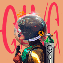 a drawing of a woman wearing a helmet and holding a bottle of oxygen