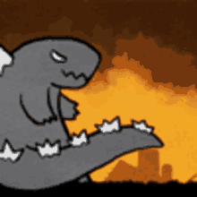 a cartoon of a dinosaur standing in front of a fire