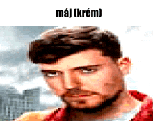 a pixelated image of a man with the words maj ( krem ) above his head