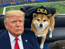 a dog wearing a hat that says dea sits next to donald trump