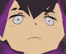 a close up of a cartoon character 's face with purple hair