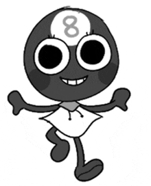 a black and white drawing of a cartoon character with the number 8 on his head