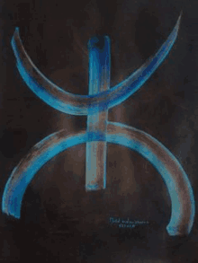 a painting of a blue and brown symbol with the letters x and e on it