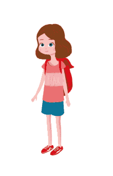 a girl wearing a pink shirt and red backpack