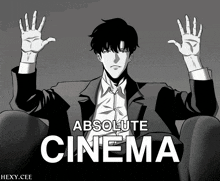 a poster for absolute cinema shows a man in a suit with his hands up