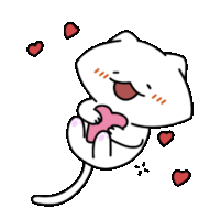 a white cat is holding a pink heart in its mouth surrounded by hearts .