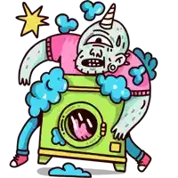 a cartoon drawing of a monster standing next to a green washing machine