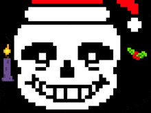 a pixel art drawing of a skull wearing a santa hat and a candle .